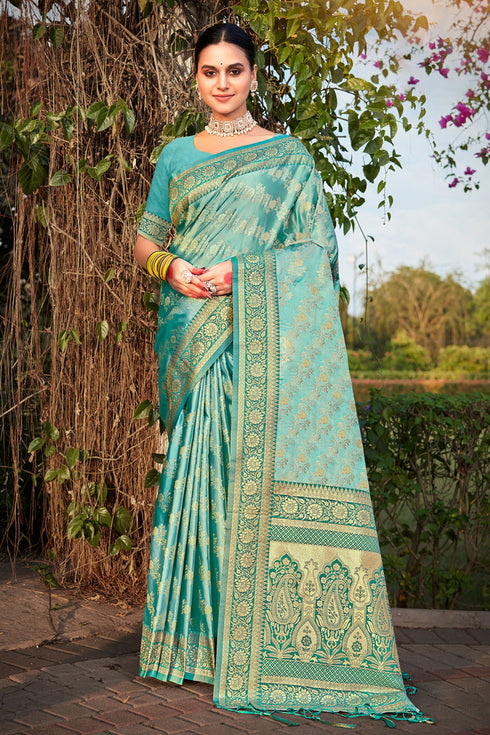 Deeva Sarees Cyan Blue Satan Silk Saree